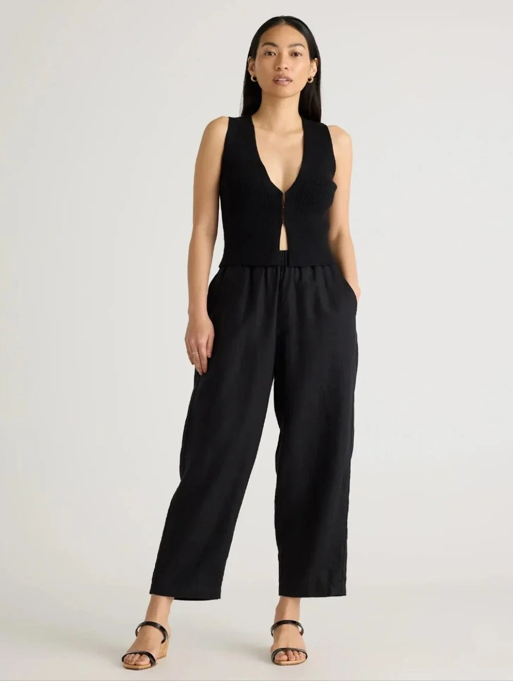 Quince Linen Pants Black Size Small Elastic Waist Pockets Pull On Breathable